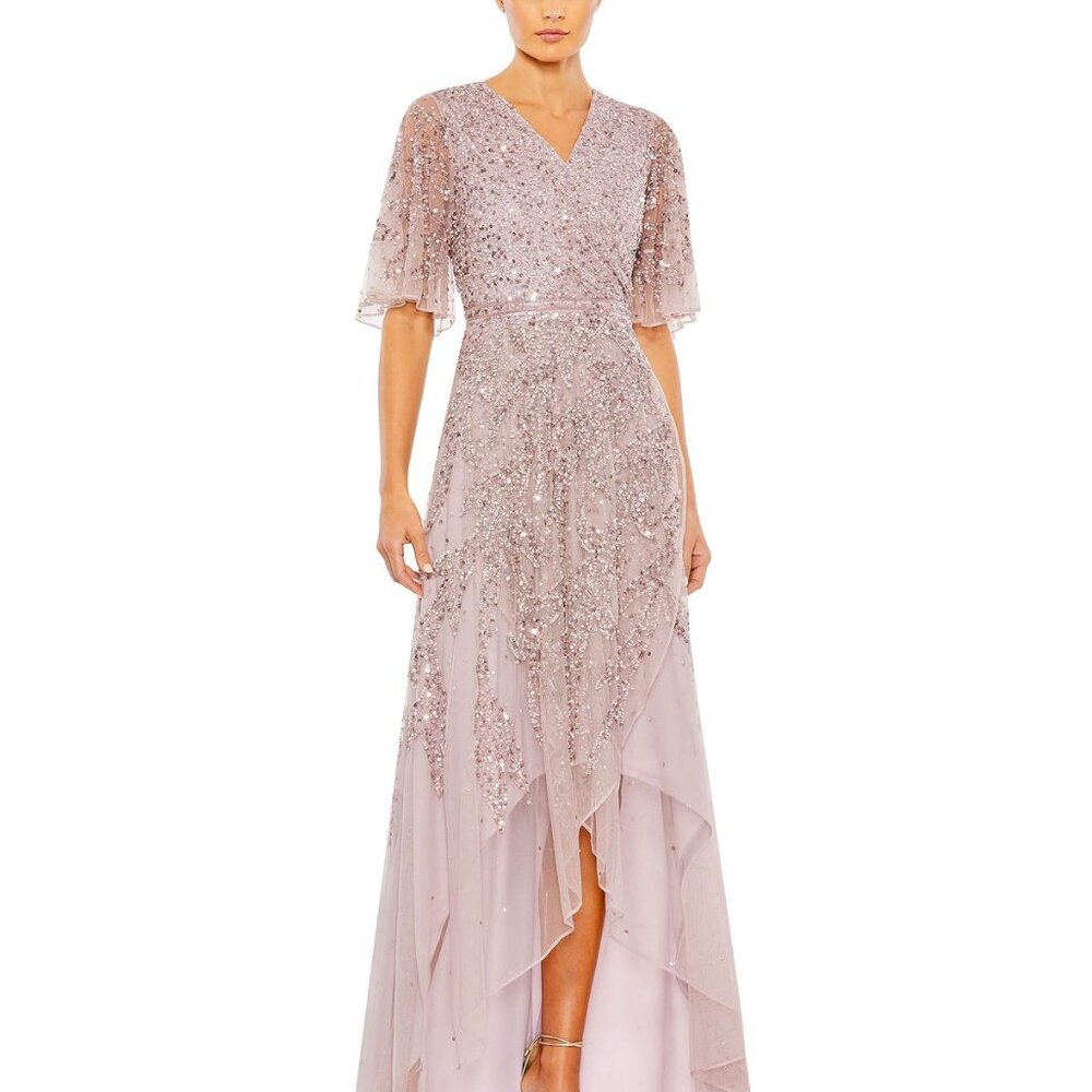 NWT Mac Duggal Sequin Butterfly Sleeve High Low Gown 93681 size 18 VINTAGE LILAC